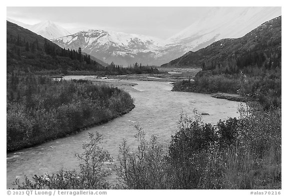 Delta River in autumn, Eastern Alaska Range. Alaska, USA (black and white)