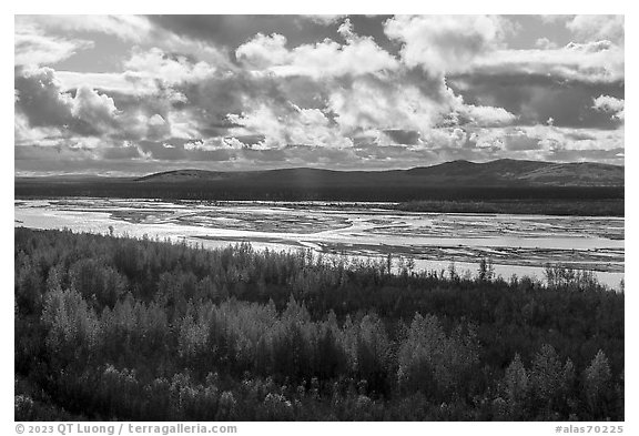 Tanana River from Alaska Range Viewpoint. Alaska, USA (black and white)