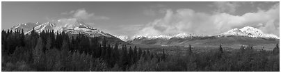 Hayes Range from Black Rapids Glacier Viewpoint. Alaska, USA (Panoramic black and white)
