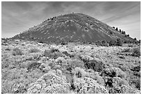 Cinder cone and sage,  Lava Beds National Monument. Lava Beds National Monument, California, USA ( black and white)