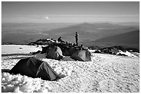 Mountaineers camping on the slopes of Mt Shasta. California, USA (black and white)