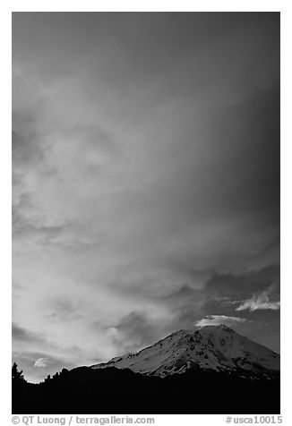 Clouds dramatically colored at sunset above Mt Shasta. California, USA (black and white)