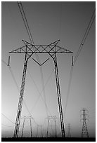 High voltage power lines at sunset. California, USA (black and white)