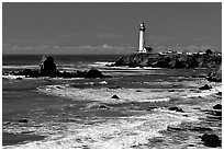 Pigeon Point Lighthouse and waves, morning. San Mateo County, California, USA (black and white)