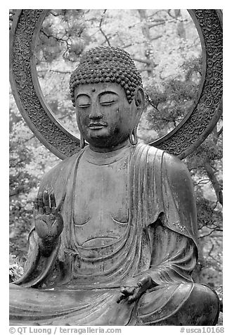 Buddha statue in Japanese Garden. San Francisco, California, USA (black and white)
