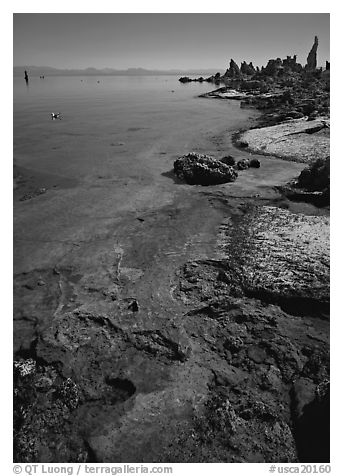 Colorful shore and tufa, mid-day. California, USA (black and white)