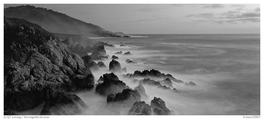 Seascape with pastel colors, rocks, and surf. Big Sur, California, USA (black and white)