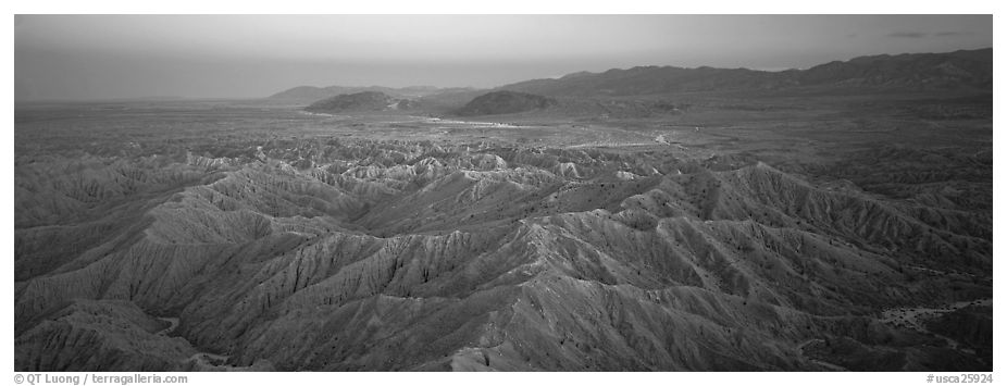 Desert landscape with badlands. Anza Borrego Desert State Park, California, USA (black and white)