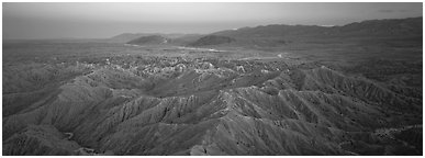 Desert landscape with badlands. Anza Borrego Desert State Park, California, USA (Panoramic black and white)