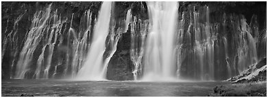 Wide waterfall, Burney Falls State Park. California, USA (Panoramic black and white)