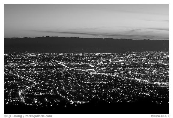 Lights of Silicon Valley at dusk. San Jose, California, USA (black and white)