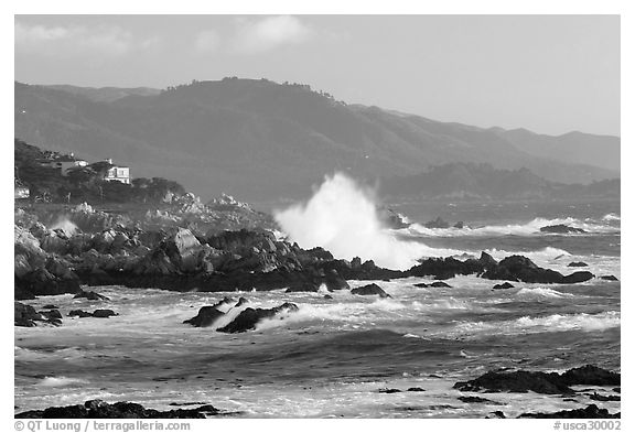 Coastline and Big wave, late afternoon, seventeen-mile drive, Pebble Beach. California, USA