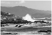 Coastline and Big wave, late afternoon, seventeen-mile drive, Pebble Beach. California, USA (black and white)