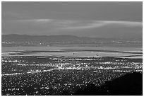 South end of the Bay with city lights at dusk. San Jose, California, USA (black and white)