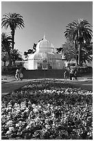 Flower bed and Conservatory of the Flowers, late afternoon, Golden Gate Park. San Francisco, California, USA ( black and white)