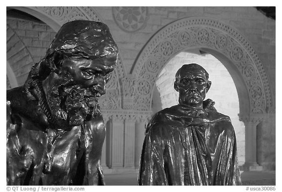 Burghers of Calais by Rodin in Quad by night. Stanford University, California, USA