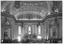 Mass inside Saint Joseph Cathedral. San Jose, California, USA (black and white)