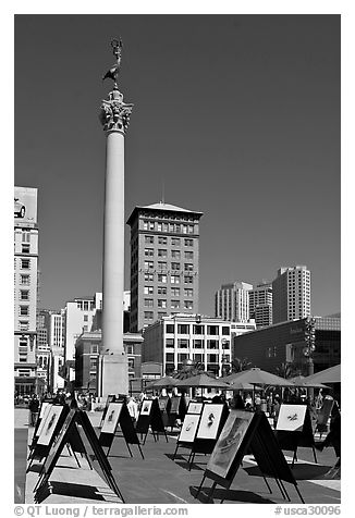 Art exhibit on Union Square central plaza, afternoon. San Francisco, California, USA (black and white)
