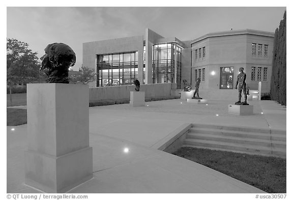 Rodin sculpture garden and Cantor Center for Visual Arts, sunset. Stanford University, California, USA (black and white)