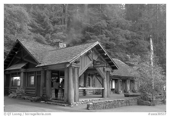 Visitor center, late afternoon. Big Basin Redwoods State Park,  California, USA (black and white)