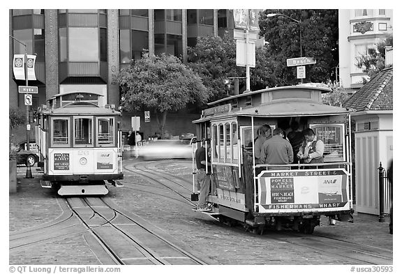 Cable car terminus. San Francisco, California, USA (black and white)