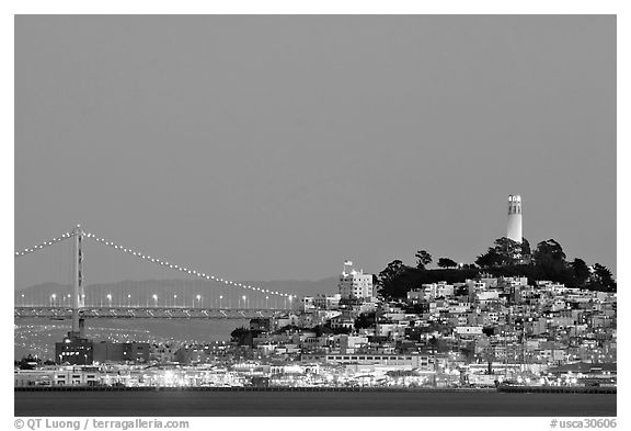 Telegraph Hill and Bay Bridge at dusk. San Francisco, California, USA (black and white)