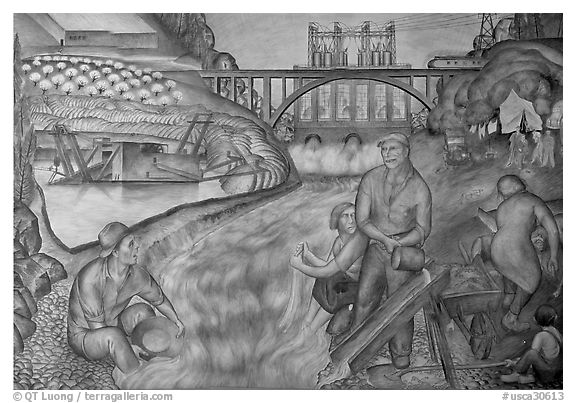 Depression-area fresco showing a dam. San Francisco, California, USA (black and white)