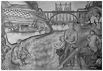 Depression-area fresco showing a dam. San Francisco, California, USA ( black and white)