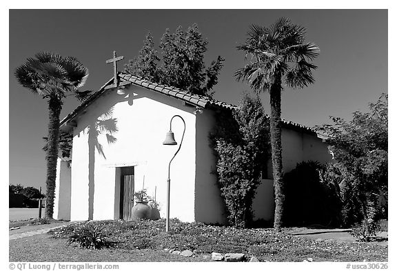 Facade of Mission Nuestra Senora de la Soledad. California, USA (black and white)