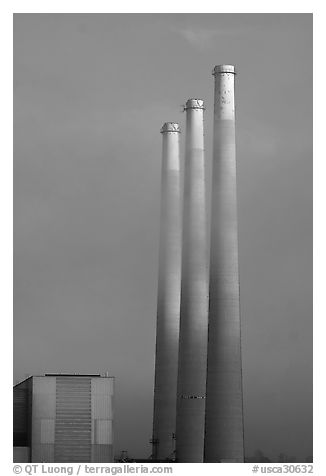 Vertical stacks of power plant. Morro Bay, USA (black and white)