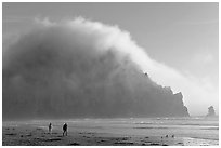 Couple walking on the beach, with Morro Rock and fog behind. Morro Bay, USA ( black and white)
