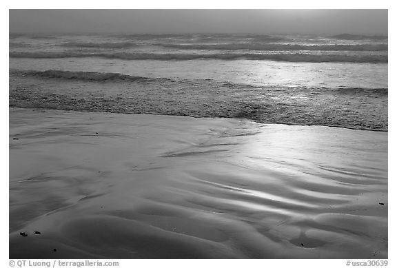Wet sand, waves, and fog. Morro Bay, USA (black and white)