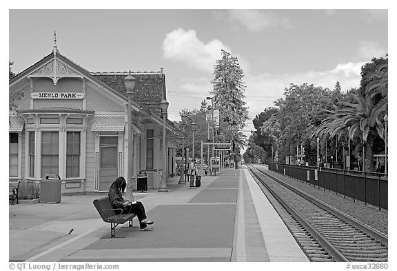 Waiting at the Menlo Park historical train station. Menlo Park,  California, USA (black and white)