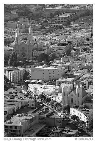 North Beach and Columbus Avenue from above, late afteroon. San Francisco, California, USA (black and white)