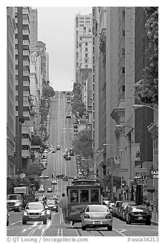 Cable-car in steep California Avenue. San Francisco, California, USA (black and white)