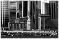 Embarcadero and port of San Francisco building seen from Treasure Island, early morning. San Francisco, California, USA (black and white)