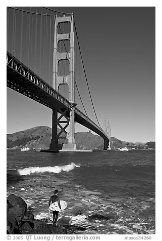 Surfer and wave below the Golden Gate Bridge. San Francisco, California, USA