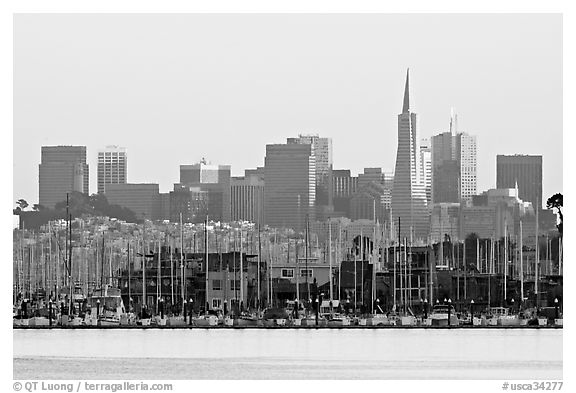 Sausalito houseboats and City skyline, sunset. San Francisco, California, USA (black and white)