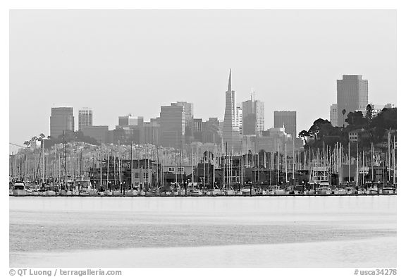 City skyline with Sausalito houseboats of Richardson Bay in the background. San Francisco, California, USA