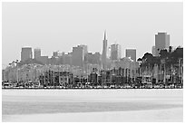 City skyline with Sausalito houseboats of Richardson Bay in the background. San Francisco, California, USA (black and white)
