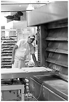 Baker loading loafs of bread into oven. San Francisco, California, USA ( black and white)