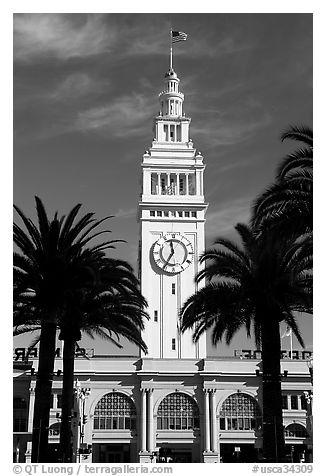 Clock tower of the Ferry building, modeled after the  Seville Cathedral. San Francisco, California, USA (black and white)
