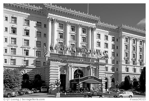 Facade of the Fairmont Hotel, early afternoon. San Francisco, California, USA (black and white)