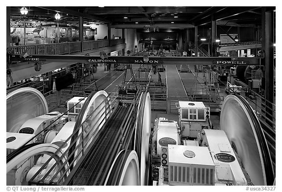 Sheave room viewing area in the cable car barn. San Francisco, California, USA (black and white)