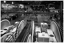 Sheave room viewing area in the cable car barn. San Francisco, California, USA (black and white)