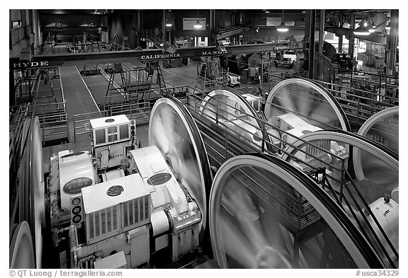 Cable Car powerhouse with cable winding machines. San Francisco, California, USA (black and white)