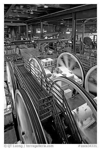 Cable winding machinery in the Cable-car powerhouse. San Francisco, California, USA (black and white)