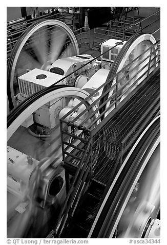 Cable winding machine in the cable-car barn. San Francisco, California, USA (black and white)