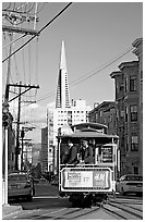 Cable car and Transamerica Pyramid. San Francisco, California, USA (black and white)