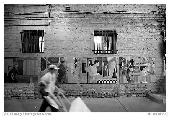 Man pushing a cart in front of mural paintings, Ross Alley, Chinatown. San Francisco, California, USA (black and white)